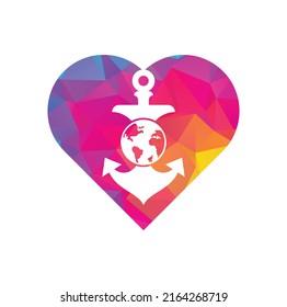 Anchor Globe heart shape concept Logo Template. Anchor and planet logo combination. Marine and world symbol or icon.