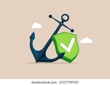Âncora com marca de seleção de escudo verde. Literacia financeira de investimento. Ilustração de vetor plano