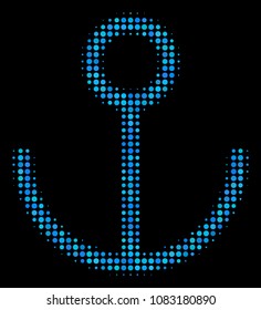 Anchor halftone vector icon. Illustration style is dot iconic anchor symbol on a black background. Halftone structure is build from circle spots.