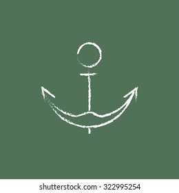 Mano de ancla dibujada en tiza sobre un icono blanco vectorial de pizarra aislado en un fondo verde.