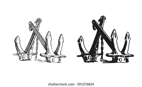 Anchor. Hand drawn illustrations. In engraving style. Drawn in ink and pen. Can be used for your design booklet, book or other printing products.