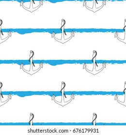 Anchor hand drawn pattern on blue strips
