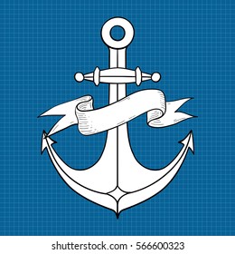 Anchor. Hand drawn sketch. Vector illustration on blueprint background