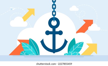 The anchor hangs on the chain. Nautical Marine Symbol. Business Element. Anchor icon, retention, seo, app, badge, business, button, chain, content. Flat style. Vector Illustration.