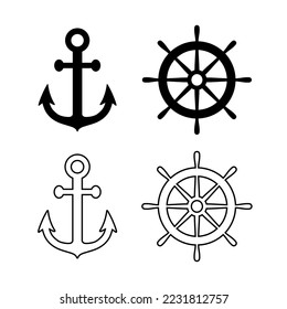 Anker- und Ruderschiffsymbol. Schwarzes Silhouettenrad und Anker einzeln auf weißem Hintergrund. Einfache Umrisslinie für Design-Reisedrucke. Segelgrafische Elemente. Seesymbol-Lenkung. Vektorgrafik