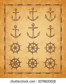 Anchor and helm sketches, vintage antique map vector elements. Old parchment paper with ancient sea ship wheels or sail boat rudders, helms and anchors, nautical navigation, pirates or marine travel