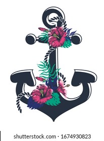 Anchor with hibiscus flower & monstera leaf vector illustration