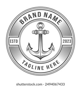 anchor Hipster logo. circle stamp label navy ship nautical vector design