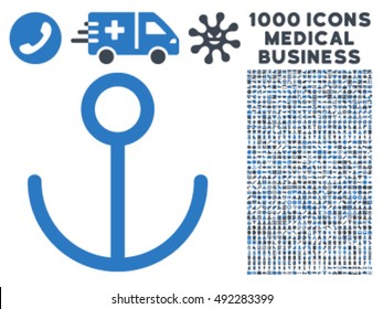 Anchor icon with 1000 medical business smooth blue vector design elements. Collection style is flat bicolor symbols, white background.