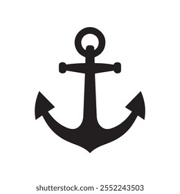 The anchor icon. The black silhouette of the anchor. An anchor is a device for holding a vessel in place. Vector illustration isolated on a white background for design and web.