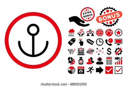 Anchor icon with bonus clip art. Vector illustration style is flat iconic bicolor symbols, intensive red and black colors, white background.