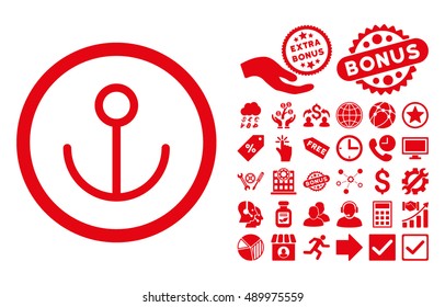 Anchor icon with bonus elements. Vector illustration style is flat iconic symbols, red color, white background.