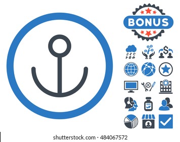 Anchor icon with bonus pictogram. Vector illustration style is flat iconic bicolor symbols, smooth blue colors, white background.