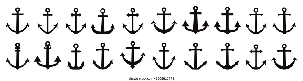 Anchor icon collection. Set of black anchor silhouette