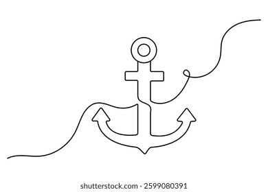 Anchor icon continuous one line drawing of isolated outline vector art