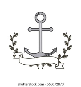 anchor icon with decorative wreath of leaves and ribbon over white background. colorful design. vector illustration