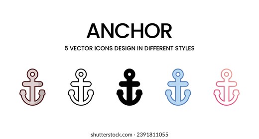 Diseño de iconos de anclaje en cinco estilos con trazo editable. Línea, Sólido, Línea plana, Color de tono Duo y Línea de degradado de color. Adecuado para diseño de páginas Web, aplicaciones móviles, UI, UX y GUI.