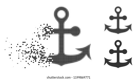 Anchor icon in dissipating, pixelated halftone and undamaged solid versions. Pieces are organized into vector dispersed anchor icon. Disintegration effect uses square particles.