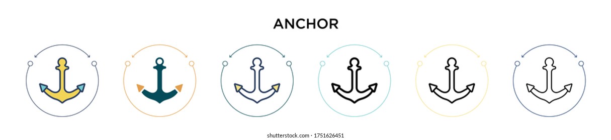 Anchor icon in filled, thin line, outline and stroke style. Vector illustration of two colored and black anchor vector icons designs can be used for mobile, ui, web
