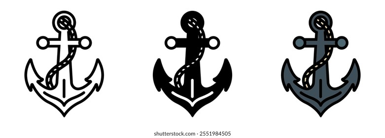 Anchor icon is a heavy metal object with flukes, used on boats to secure them to the seabed, preventing drifting.