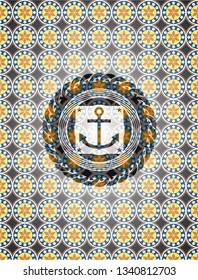 anchor icon inside arabic badge background. Arabesque decoration.