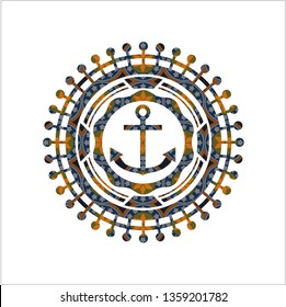 anchor icon inside arabic badge. Arabesque decoration.