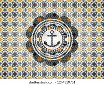anchor icon inside arabic emblem background. Arabesque decoration.