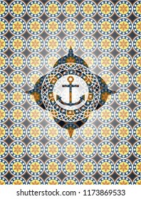 anchor icon inside arabic style emblem. Arabesque decoration.