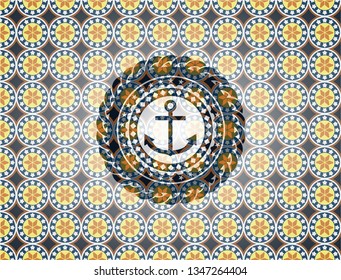 anchor icon inside arabic style badge. Arabesque decoration.
