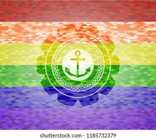 anchor icon inside emblem on mosaic background with the colors of the LGBT flag