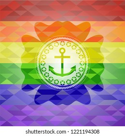 anchor icon inside emblem on mosaic background with the colors of the LGBT flag