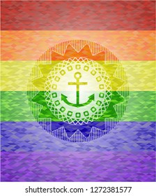 anchor icon inside emblem on mosaic background with the colors of the LGBT flag