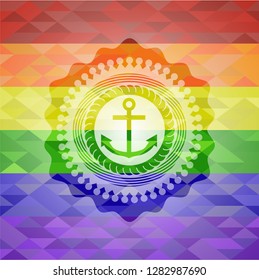 anchor icon inside emblem on mosaic background with the colors of the LGBT flag