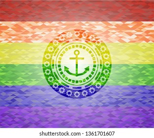 anchor icon inside emblem on mosaic background with the colors of the LGBT flag