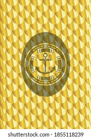 anchor icon inside gold shiny emblem. Scales pattern. Vector Illustration. Detailed. 