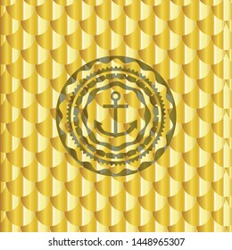 anchor icon inside golden emblem or badge. Scales pattern. Vector Illustration. Detailed.