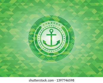anchor icon inside green emblem. Mosaic background