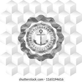 anchor icon inside grey emblem. Retro with geometric cube white background
