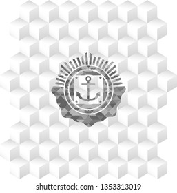 anchor icon inside grey emblem. Vintage with geometric cube white background