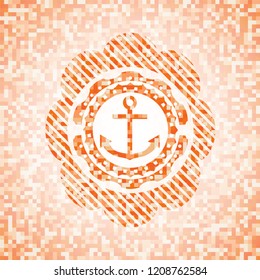 anchor icon inside orange tile background illustration. Square geometric mosaic seamless pattern with emblem inside.