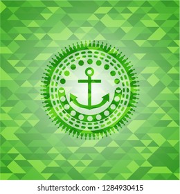 anchor icon inside realistic green emblem. Mosaic background