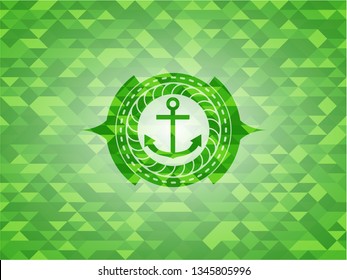 anchor icon inside realistic green emblem. Mosaic background