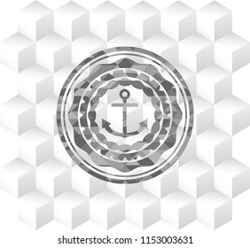 anchor icon inside realistic grey emblem with geometric cube white background