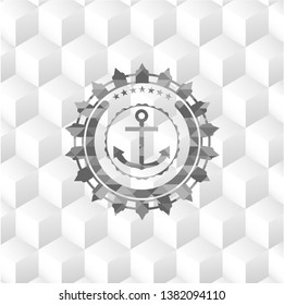 anchor icon inside realistic grey emblem with geometric cube white background
