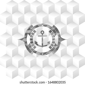 anchor icon inside realistic grey emblem with geometric cube white background