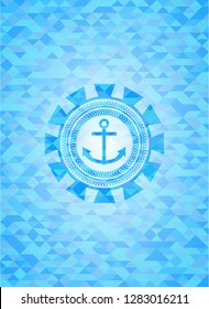 anchor icon inside realistic sky blue emblem. Mosaic background