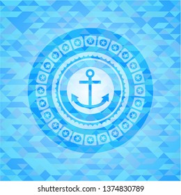 anchor icon inside realistic sky blue mosaic emblem
