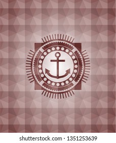 anchor icon inside red seamless emblem or badge with abstract geometric polygonal pattern background.