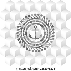 anchor icon inside retro style grey emblem with geometric cube white background