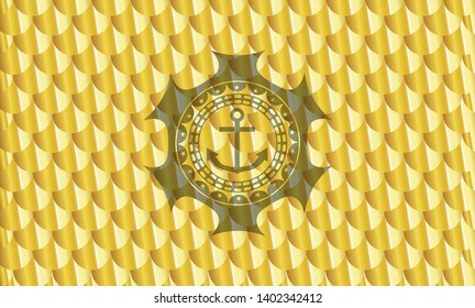 anchor icon inside shiny golden badge. Scales pattern. Vector Illustration. Detailed.
